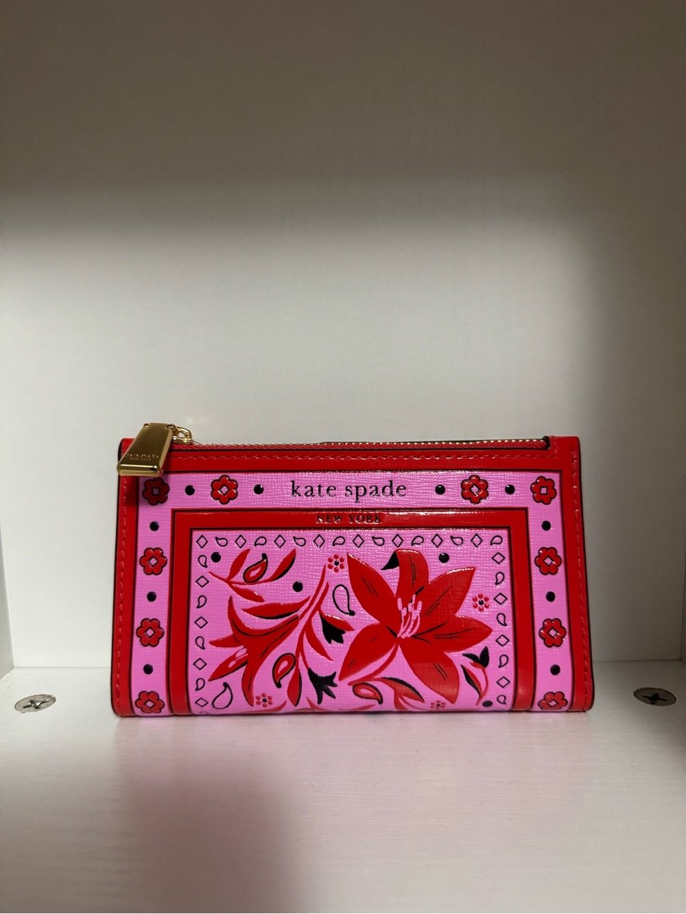 RARE Kate Spade Morgan Bandana Small Slim Bifold Wallet Pink & Red Floral NWT